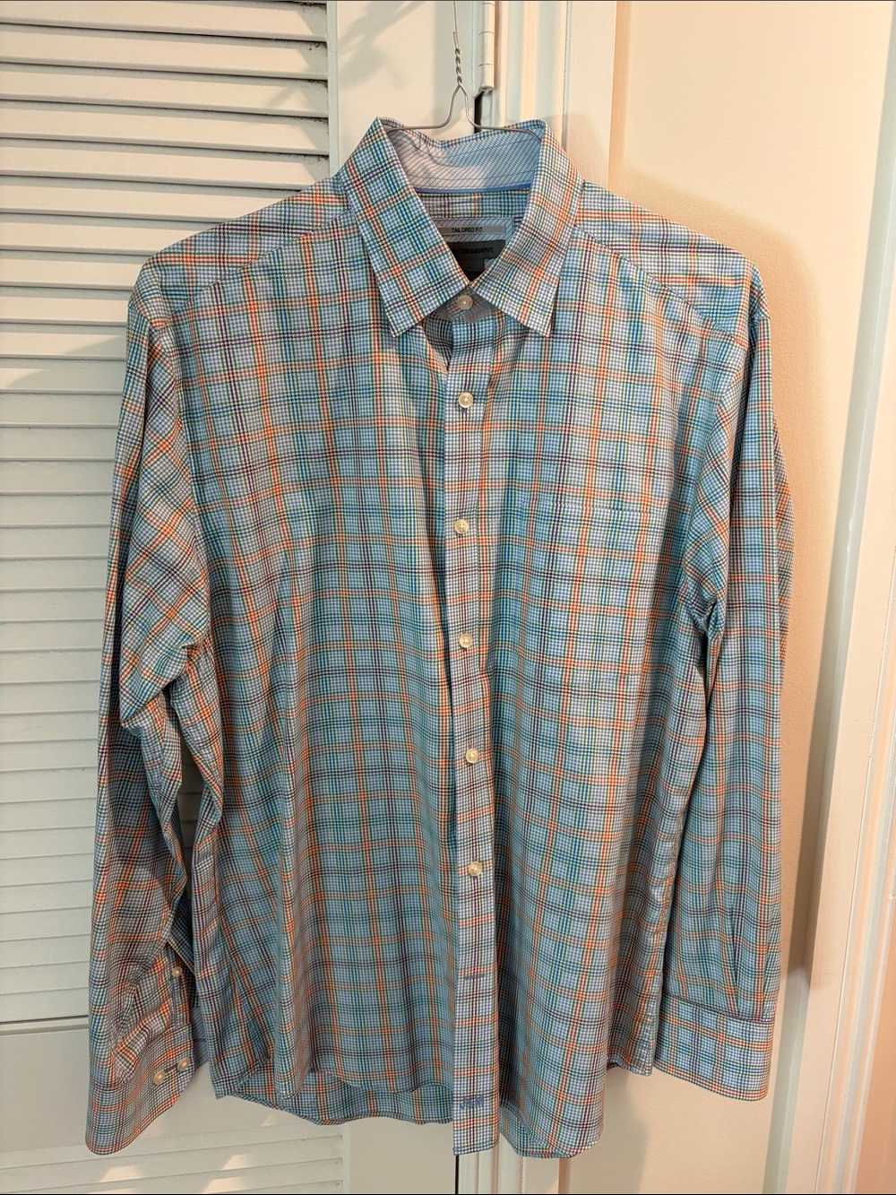Johnston & Murphy Light Blue and Orange Plaid Dress Shirt